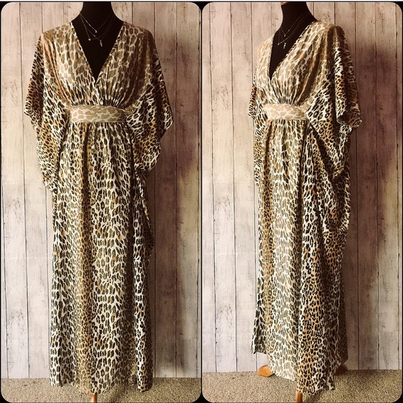 Undercover Wear Dresses & Skirts - 70s Vintage Leopard Print Kaftan Beach Coverup - Mumu - Retro Caftan Maxi Dress